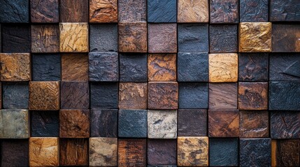 A textured, multi-colored mosaic of wooden tiles arranged in a grid pattern.