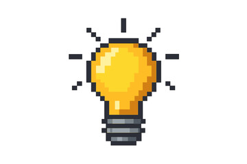 Pixel art light bulb icon for retro video game. 8-bit graphic design element. Creative idea, innovation, and solution concept. Electricity and energy symbol. Cartoon vector.