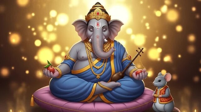 Lord Ganesha Illustration - A Divine Depiction of Hindu God and Mouse.