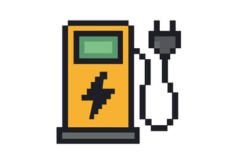 Electric car charging station pixel art icon. EV charger pump vector illustration. 8-bit retro game sprite. Eco transport, green energy, sustainability, battery recharge concept.