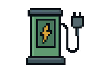 Pixel art EV charging station icon. 8-bit electric car charger symbol with plug. Vector illustration for retro gaming. Green energy, power, and sustainable transport concept.