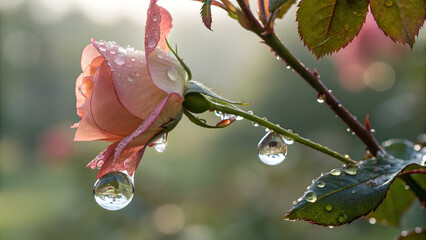 A translucent dewdrop hanging from a rose petal, background softly blurred wild garden.