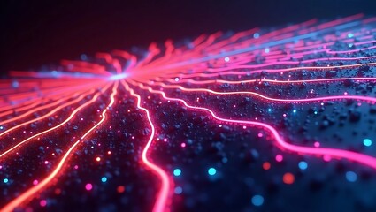 Futuristic digital landscape with glowing streams of data and energy particles