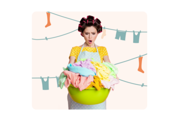 Photo collage picture young woman laundry pile clothes bucket hanging shocked duty apron service housework drawing background