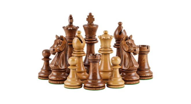 A detailed close-up studio shot of a collection of intricately carved wooden chess pieces, set against a clean white background, showcasing the classic Staunton design