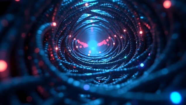 Abstract digital network tunnel with glowing blue and red lights, representing data flow and connectivity in a futuristic cyber-world