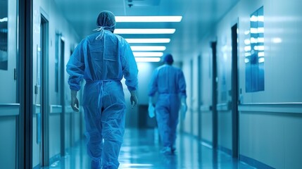 Two medical professionals in blue scrubs and caps walking down a hospital corridor.