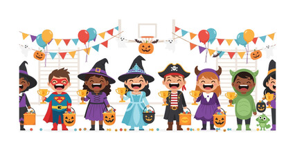 Halloween Parade Celebration: Joyful children dressed in vibrant, festive costumes, parade through a Halloween celebration, illuminated by cheerful pumpkins and colorful balloons.