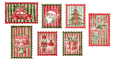 Set of vintage Christmas stamps with Santa, Nutcracker, and festive elements. Hand-drawn retro holiday postage stamp illustrations isolated on white background