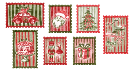 Set of vintage Christmas stamps with Santa, Nutcracker, and festive elements. Hand-drawn retro holiday postage stamp illustrations isolated on white background © ola-la
