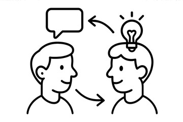 Knowledge transfer icon. Brainstorming and new idea concept. Communication, mentoring, coaching and teamwork symbol. Two people talking. Problem solving and innovation.