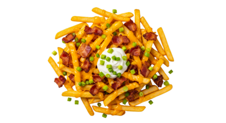 Delicious loaded french fries topped with melted cheese, crispy bacon bits, fresh green onions, and a dollop of sour cream, perfect as a side or snack