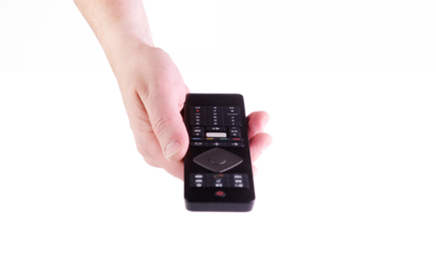 Hand holding black remote control with different buttons isolated on white background.