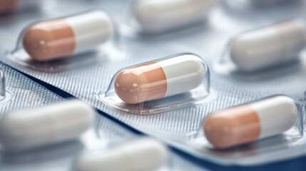 A close-up of a white and orange capsule in a blister pack, with a blue background.