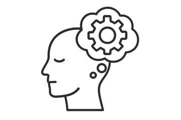 Thinking process icon with gear in head. Mental work and brainstorming concept. Human head silhouette with cogwheel. Psychology and problem solving symbol. Strategy development.