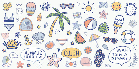Adorable Summer Beach and Vacation Doodle Elements Keywords: summer, beach, vacation, doodle