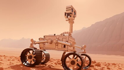 Advanced six-wheeled robotic explorer positioned on rugged extraterrestrial terrain, scanning distant mountainous horizon with sophisticated dual-lens camera system mounted on adjustable neck. - Powered by Adobe