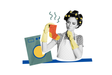 Composite photo collage of minded housemaid girl hold stinky sock dirty clothes laundry day washing machine isolated on painted background