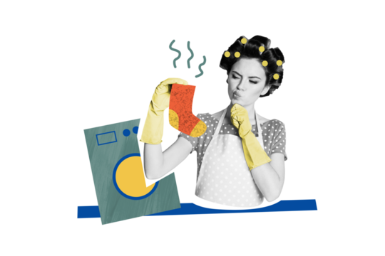 Composite photo collage of minded housemaid girl hold stinky sock dirty clothes laundry day washing machine isolated on painted background