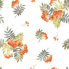 Rowan watercolor seamless pattern hand drawn. Ornament with red berries and green leaves. Template for design of fabrics, textiles, wrapping paper, labels