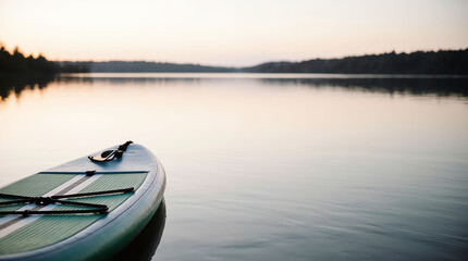 Fototapeta premium Paddleboard on calm lake at sunset with peaceful reflection 
