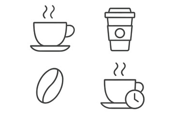 Coffee time icon set. Minimalistic thin line art for web and graphic design. Vector symbols for coffee cup, takeaway mug, bean, coffee break. Simple outline illustration.