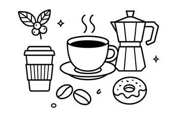 Coffee icon set line art collection. Vector outline illustration for cafe menu. Includes coffee cup, moka pot, beans, plant, donut. Breakfast beverage symbols for design.