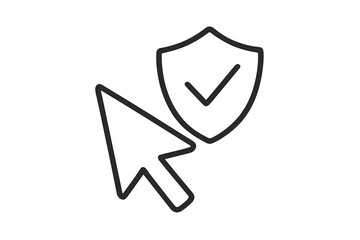 Cursor arrow pointer and shield with checkmark icon. Concept for safe click, trusted website, and secure browsing. Data protection, internet privacy, and cybersecurity symbol.