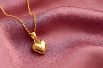 Shiny Gold Heart Pendant Necklace on Luxurious Pink Silk Fabric Background