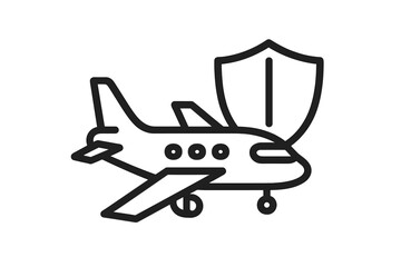 Travel insurance concept. Flight protection and safety. Airline security guarantee. Airplane with shield icon. Vector symbol for safe journey, tourism, and transportation.