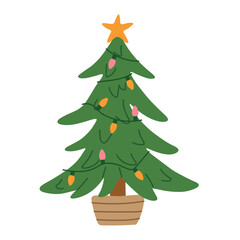 christmas tree with lights and star in a pot; perfect for holiday cards, seasonal decorations, backgrounds, and festive graphic design projects- vector illustration