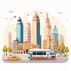 Obraz premium Cityscape Illustration with Modern Buildings and Public Transportation