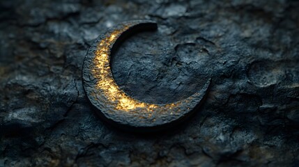 A textured crescent moon symbol with a golden glow rests against a dark, rough stone surface creating a mystical and evocative celestial composition.
