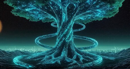 Glowing Tree with Spiraling Light in Cosmic Landscape - Powered by Adobe
