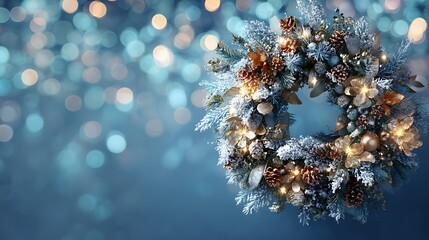 Festive christmas wreath with lights and pine cones on a blue bokeh background for the holiday season
