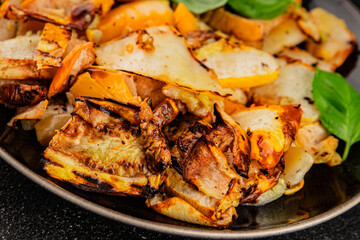 grilled zucchini warm salad vegetables dish natural product tasty snack fresh delicious gourmet food background on the table rustic top view copy space keto and paleo diet vegan and vegan food