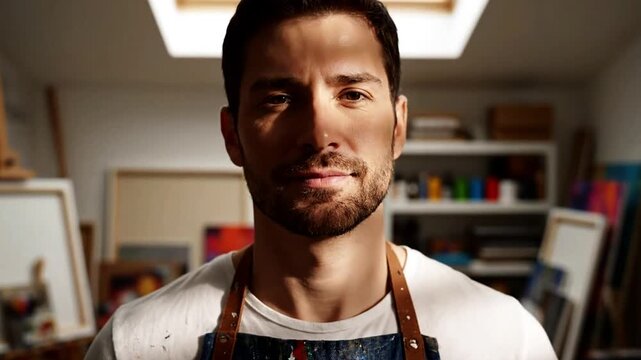 Focused Artist Portrait in Creative Studio with Paint Stained Apron and Dramatic Lighting Inspiring Male Painter Looking at Camera