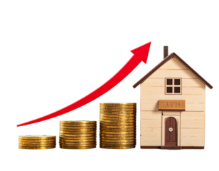 Hyper-realistic 8K PNG of a miniature model house with a bold red arrow rising behind 107911