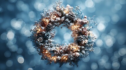 Beautiful christmas wreath with lights and pine cones on a blue bokeh background for the holiday season