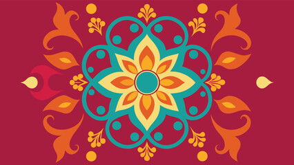 Stylized Floral and Swirl Pattern in Teal, Orange, and Yellow on Red Background decorative