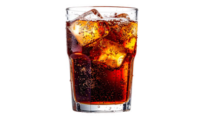 Iced cola with bubbles in glass and condensation, isolated on transparent background