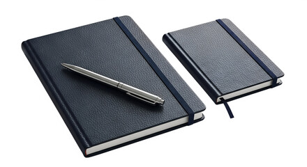 Two dark blue leather bound notebooks with elastic bands and a silver pen journal diary isolated on a white transparent background png file download.
