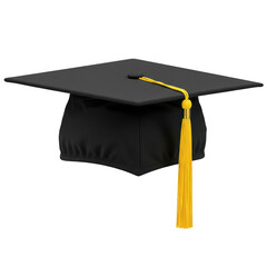 Black graduation cap with gold tassel isolated on transparent background