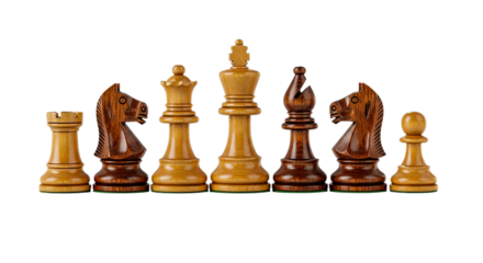 A collection of chess pieces arranged in a line on a white background, featuring iconic figures like the king, queen, rook, knight, bishop, and pawn, showcasing the game's strategic depth