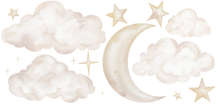 Watercolor set of watercolor illustrations with cute clouds, moon and stars in pastel beige yellow colour. Drawing sky for conveying a dreamy atmosphere for kids greeting cards or nursery wall art.