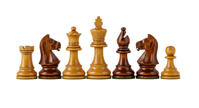 A collection of chess pieces arranged in a line on a white background, featuring iconic figures like the king, queen, rook, knight, bishop, and pawn, showcasing the game's strategic depth - Powered by Adobe