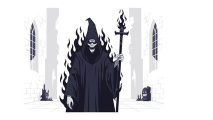 Mysterious figure: A haunting illustration of a cloaked figure shrouded in flames, standing amidst an empty hall. 