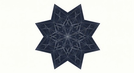 A complex eight pointed star structure made of dark interconnected lines against a white background art piece