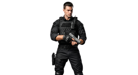 A determined Special Forces operative stands ready, clad in tactical gear, holding a firearm, embodying readiness, vigilance, and unwavering commitment, isolated on white background