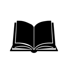 Minimalist black silhouette of an open book with educational lines on a white background